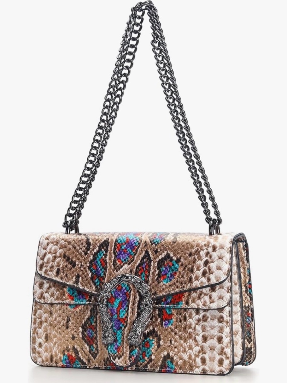 Snake-Texture Shoulder Bag with Chain Strap - Multi Beige